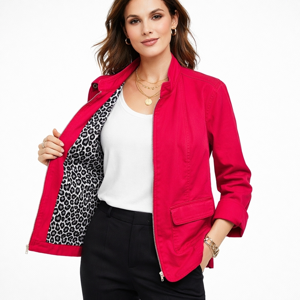 Susan Graver Women's Zip Up Pocket Jacket Stretch Animal Print 2X Red Classy
